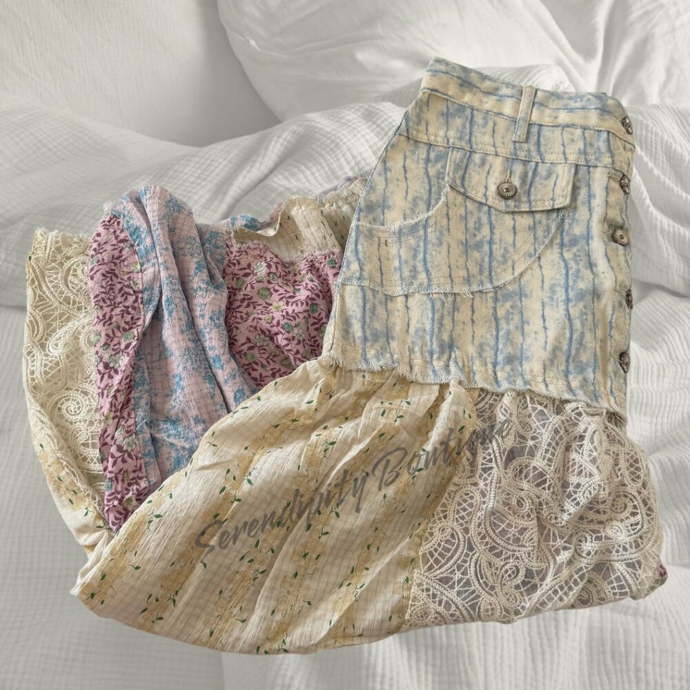 POL Denim Lace & Floral Flowy Baggy Mixed Fabric Cotton Twill Maxi Jean Skirt - Picture 8 of 13